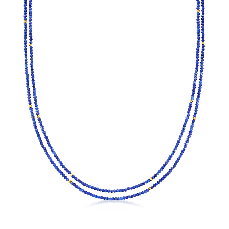 Two-strand lapis bead necklace with tiny yellow gold accents, round blue beads