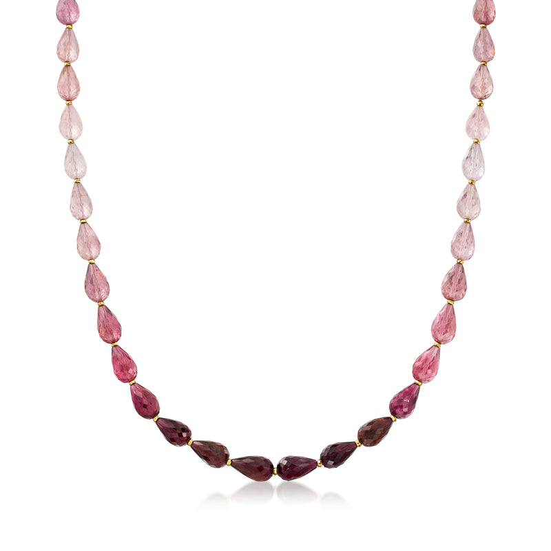 Pink and red tourmaline bead necklace with gold-toned accents and teardrop beads
