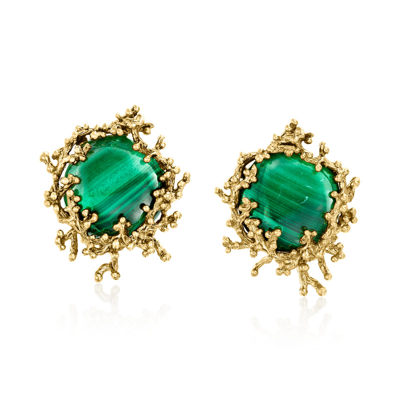 Vintage oval malachite stud earrings in 10kt yellow gold, ornate gold bezel