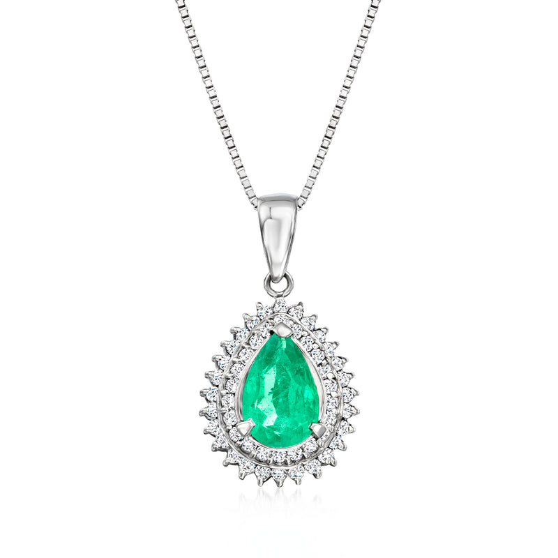 Platinum pendant necklace with pear emerald-green gemstone and diamond halo, bail and chain