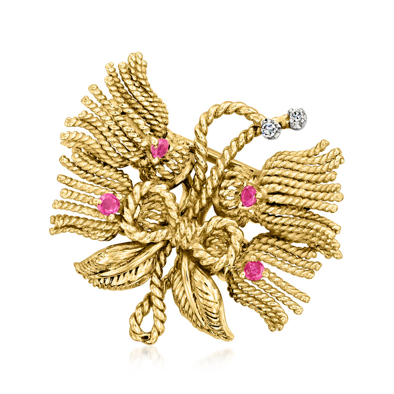 Vintage bow pin in 18kt yellow gold with pink ruby cabochons and small diamond accents