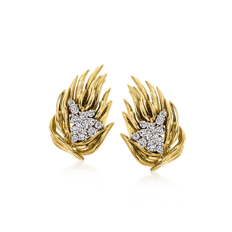 18kt yellow gold leaf diamond cluster stud earrings, clip/post style