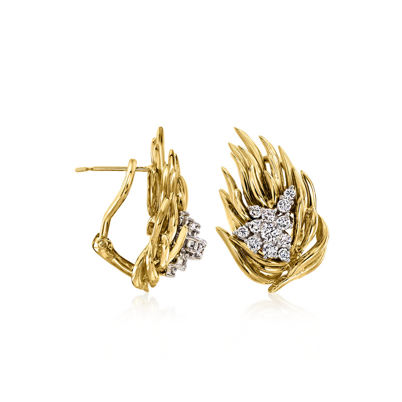 18kt yellow gold leaf diamond cluster earrings with post and hinged backs
