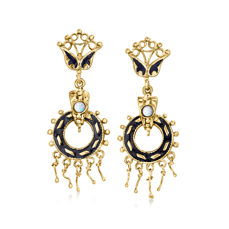 Vintage opal openwork drop earrings in 14kt yellow gold with black enamel and blue cabochons