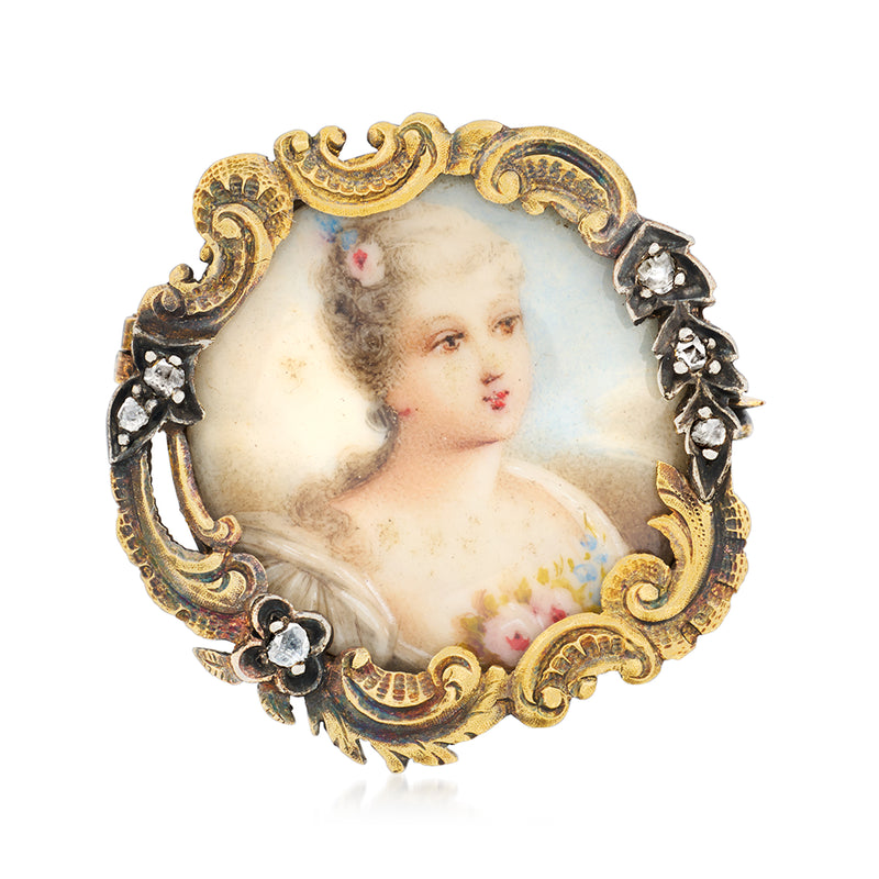 Vintage portrait pin, oval painted lady with enamel and diamond accents in yellow gold frame