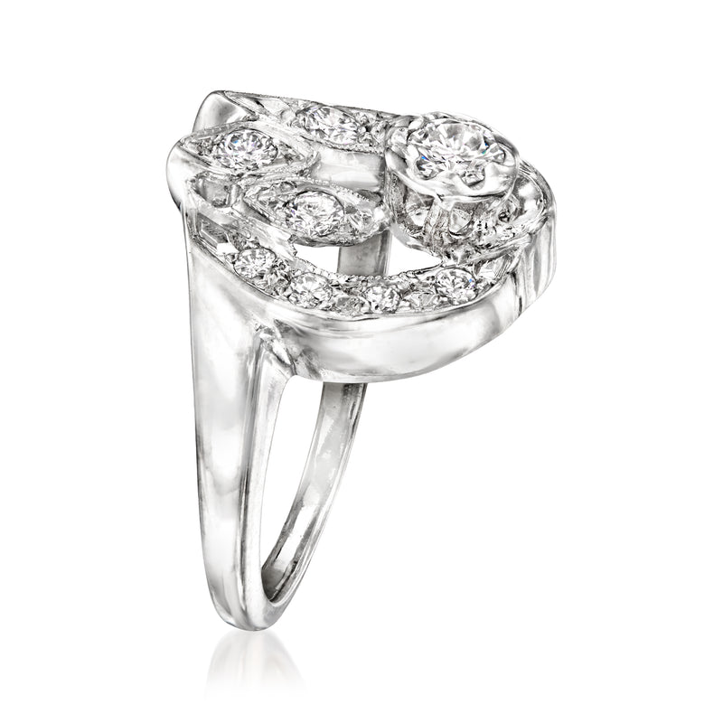 Vintage diamond cluster ring, 14kt white gold, top view with round diamond rows