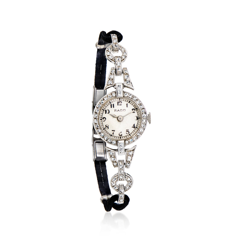 Rado diamond watch in platinum with round white dial and black nylon cord strap