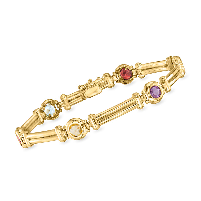 14kt yellow gold gemstone station bracelet with purple and clear round stones