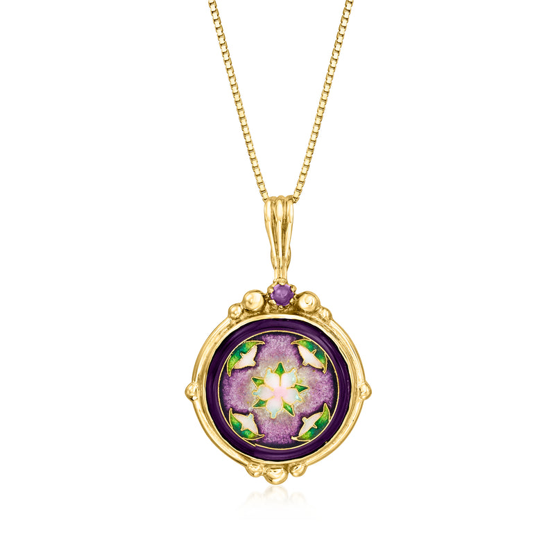 14kt yellow gold pendant necklace with round purple amethyst and enamel floral design