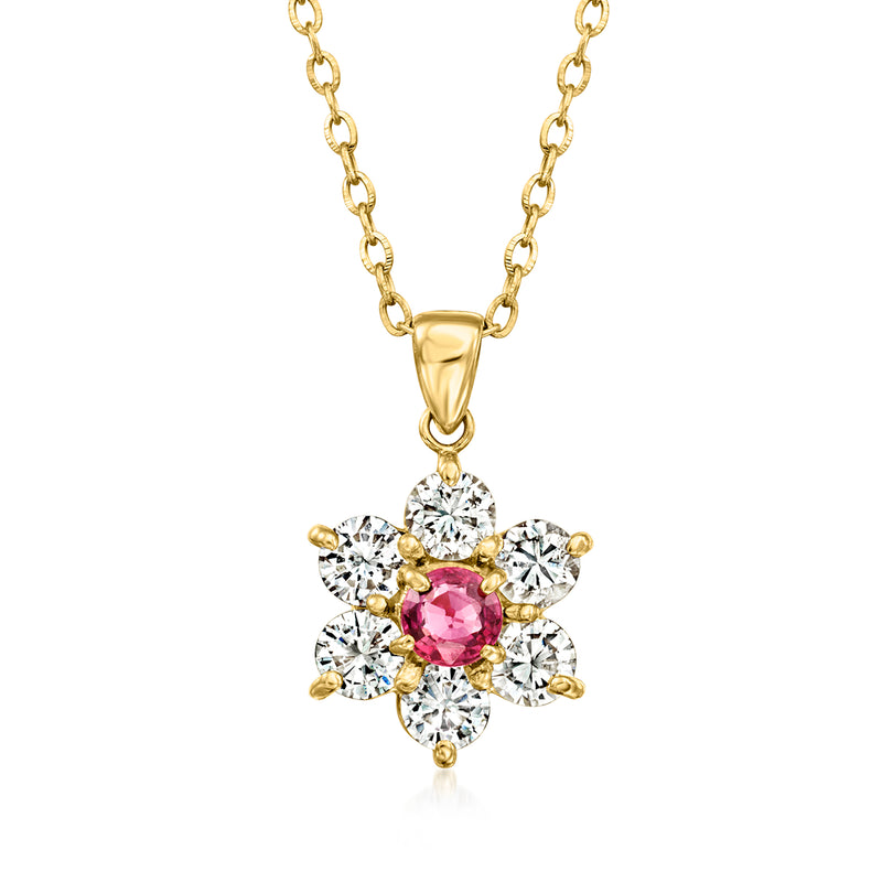 18kt yellow gold flower pendant necklace with ruby center and diamond accents