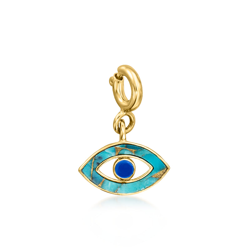 Gold evil eye charm with turquoise and blue enamel eye pendant