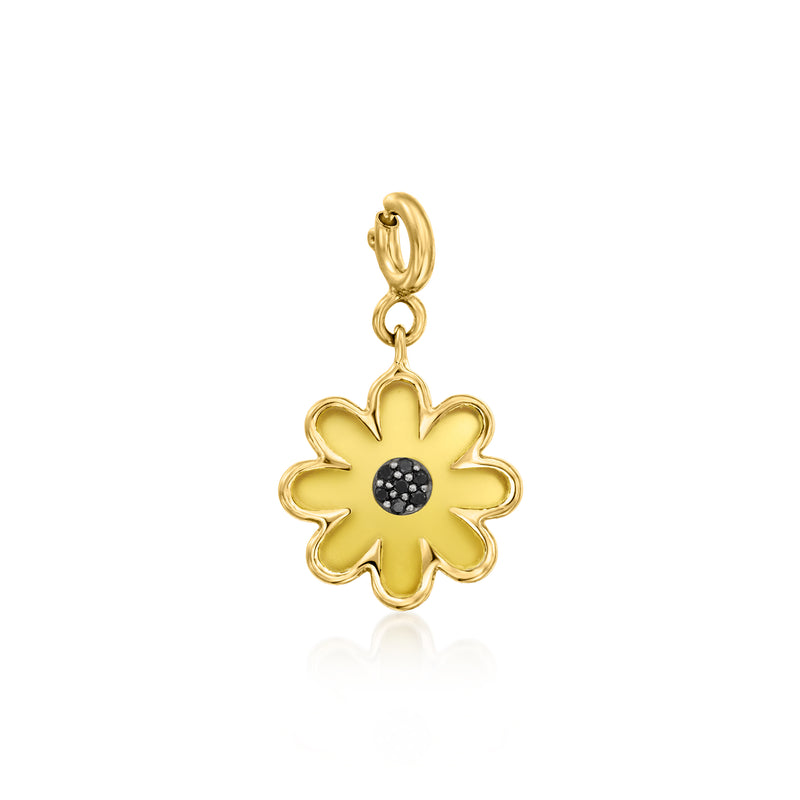 Gold flower charm with yellow center and dark black-spinel detail