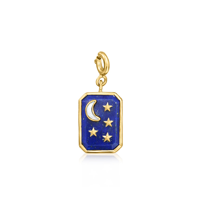Gold-tone charm with blue lapis octagon, mother-of-pearl moon and star inlay