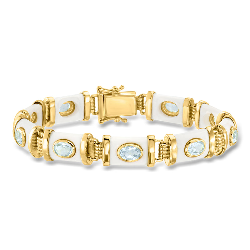Gold over sterling bracelet with white agate links and sky-blue round gemstones