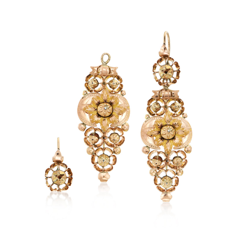 Vintage two-tone gold diamond floral drop earrings with hanging dangle detail