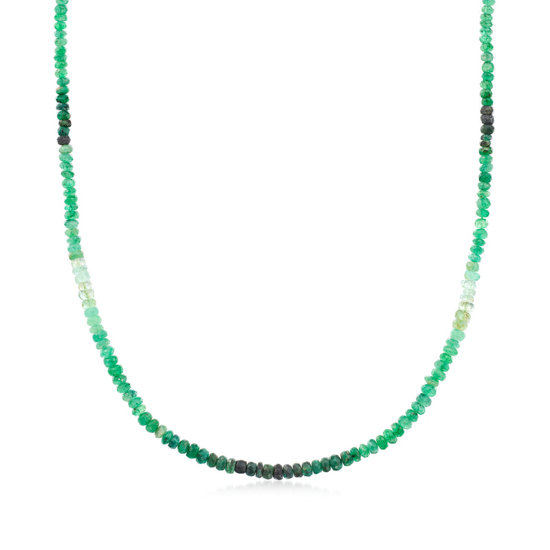 Emerald green bead necklace with dark accent beads along the strand
