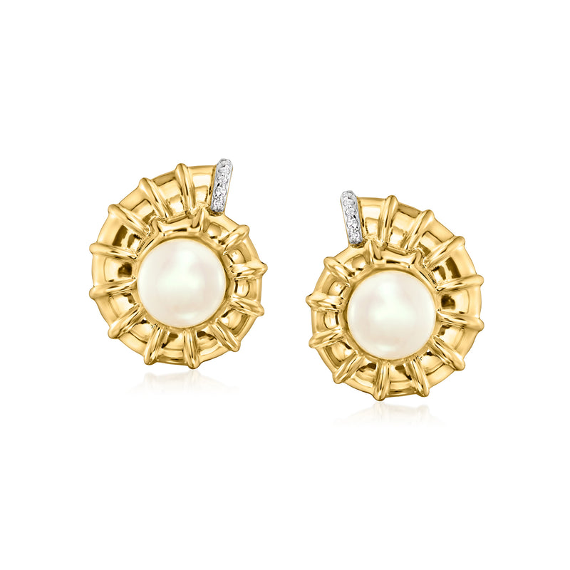 Cultured pearl stud earrings with round white pearl, gold scalloped seashell setting