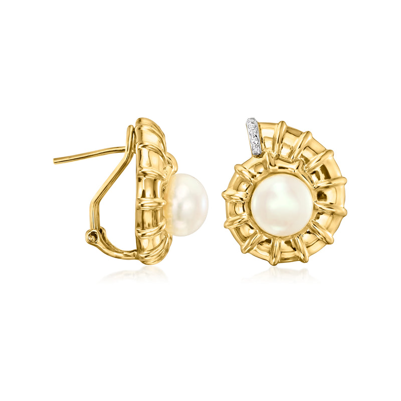 Cultured pearl seashell earrings in gold over sterling with white topaz, clip/post style