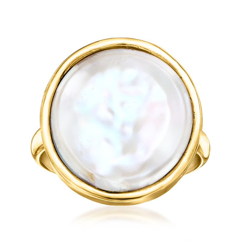 Gold over sterling coin pearl ring with round mother-of-pearl center