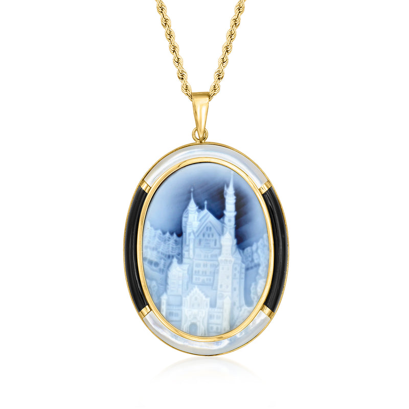 18kt yellow gold oval cameo pendant necklace with blue castle scene and gold frame