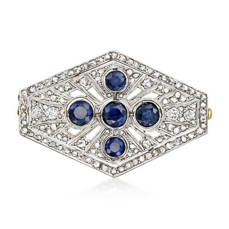 Rectangular filigree sapphire and diamond pin with blue stones in platinum setting