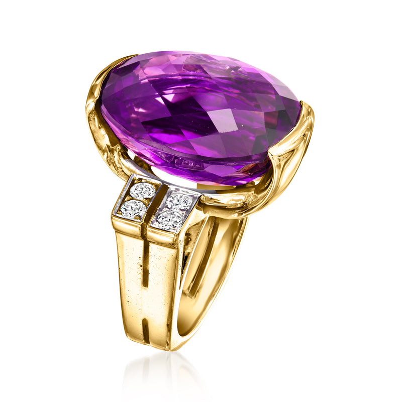 Oval amethyst ring with yellow gold prongs and small diamond squares