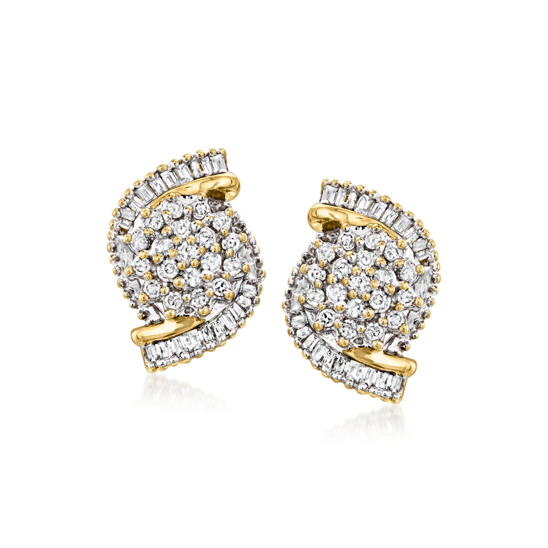 Vintage diamond cluster stud earrings in 10kt yellow gold with baguette border