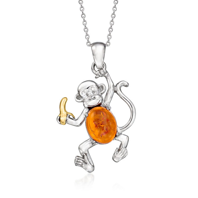 Sterling silver monkey pendant necklace with orange amber belly and banana accent