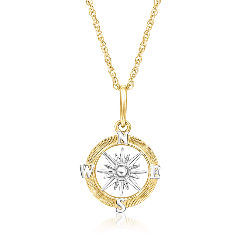 Two-tone 14k gold compass pendant necklace with round starburst design on gold chain