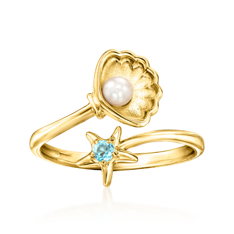 Gold starfish ring with cultured pearl and Swiss blue topaz, 18kt gold over sterling