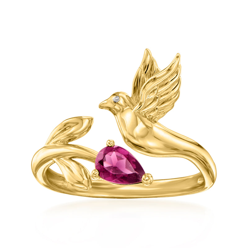 18kt gold over sterling ring with bird and leaf details, purple rhodolite gemstone