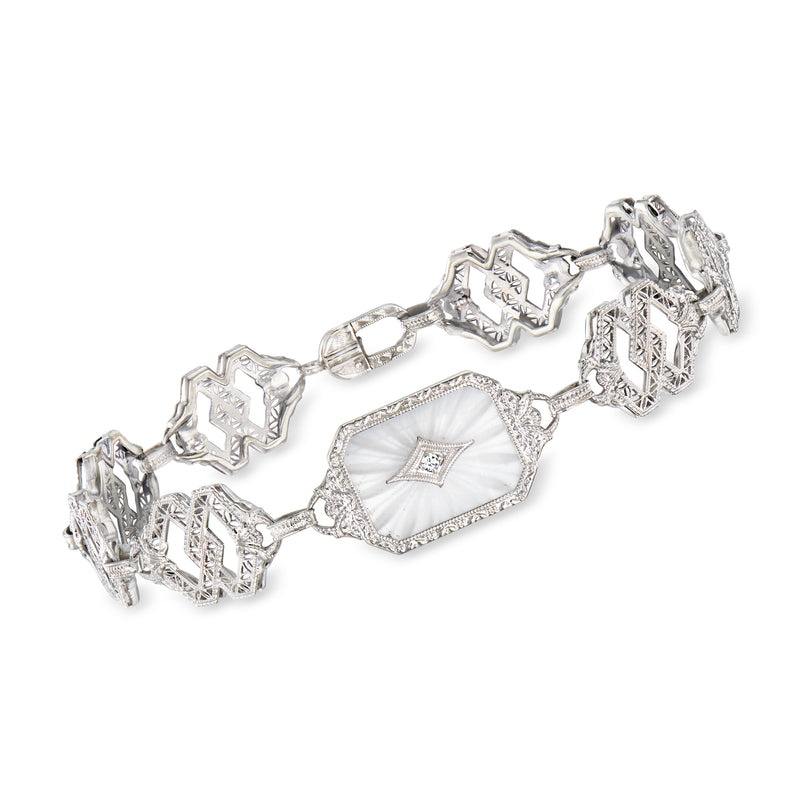 Geometric link rock crystal bracelet with single diamond in 10kt white gold