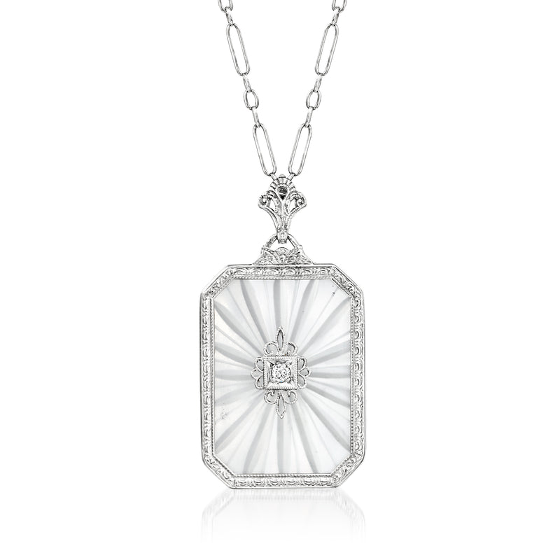 Vintage rock crystal pendant necklace in 10kt white gold, octagonal pendant with center diamond