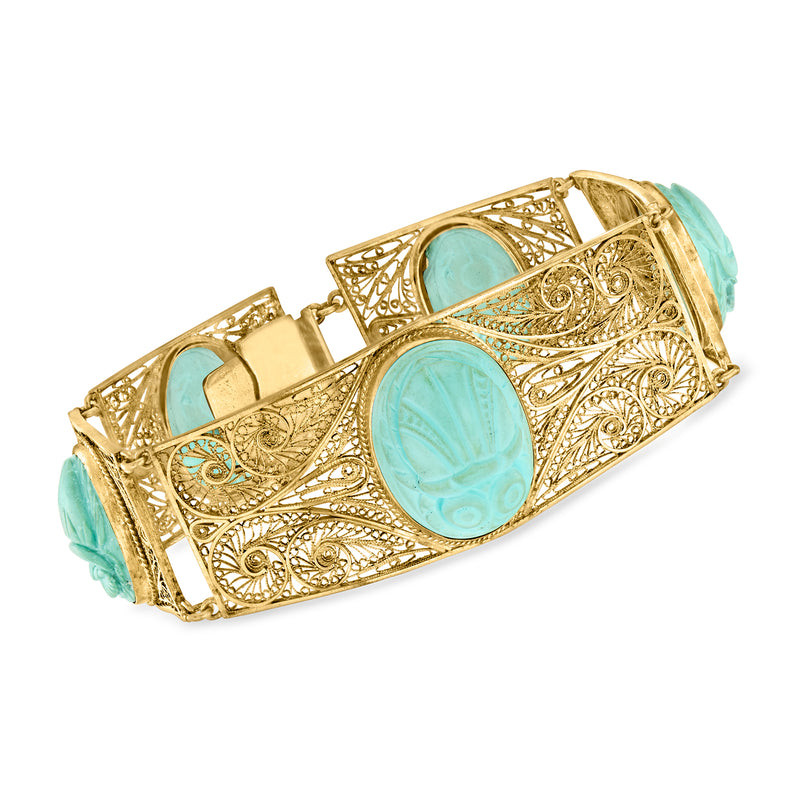14kt yellow gold filigree bracelet with blue-green cabochon scarabs