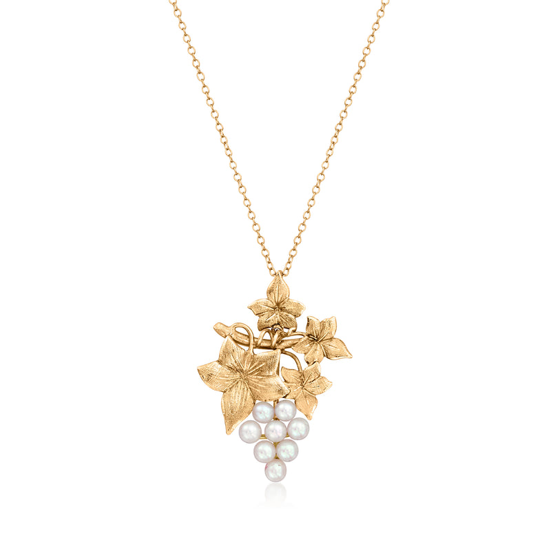 14kt yellow gold grape vine pendant necklace with cultured pearls