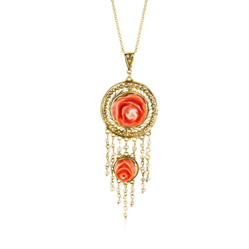 Vintage 14kt yellow gold coral rose pendant necklace with seed-pearl drop chain