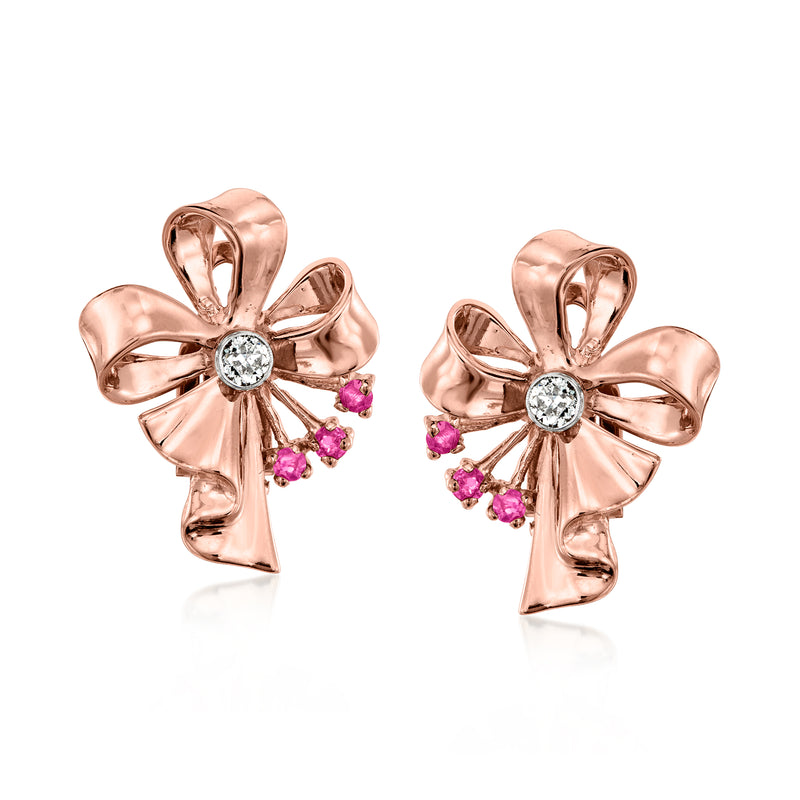 Vintage rose gold bow earrings with diamond center and pink ruby accents