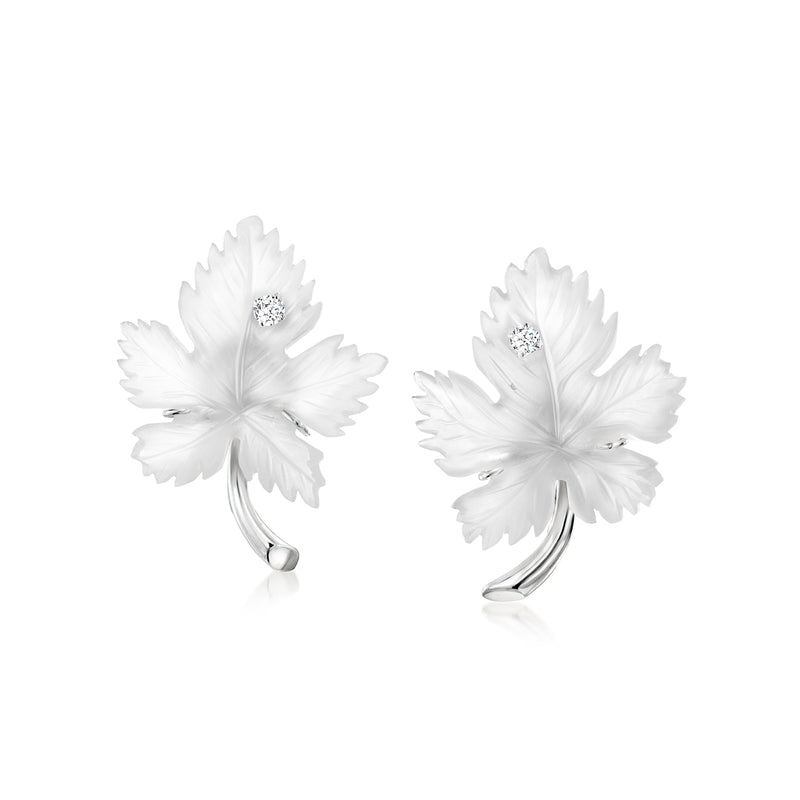 Vintage leaf crystal clip-on earrings with small diamond accents in white gold tone