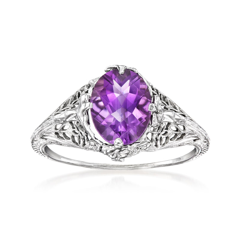 Vintage amethyst filigree ring in 18k white gold with oval purple gemstone