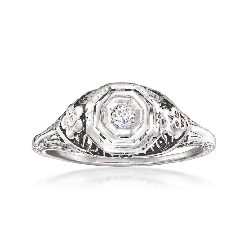Vintage 18kt white gold diamond filigree ring with round center stone