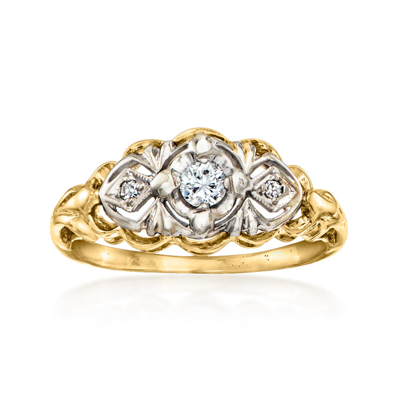 Vintage 14kt yellow gold diamond ring with round center and two side diamonds