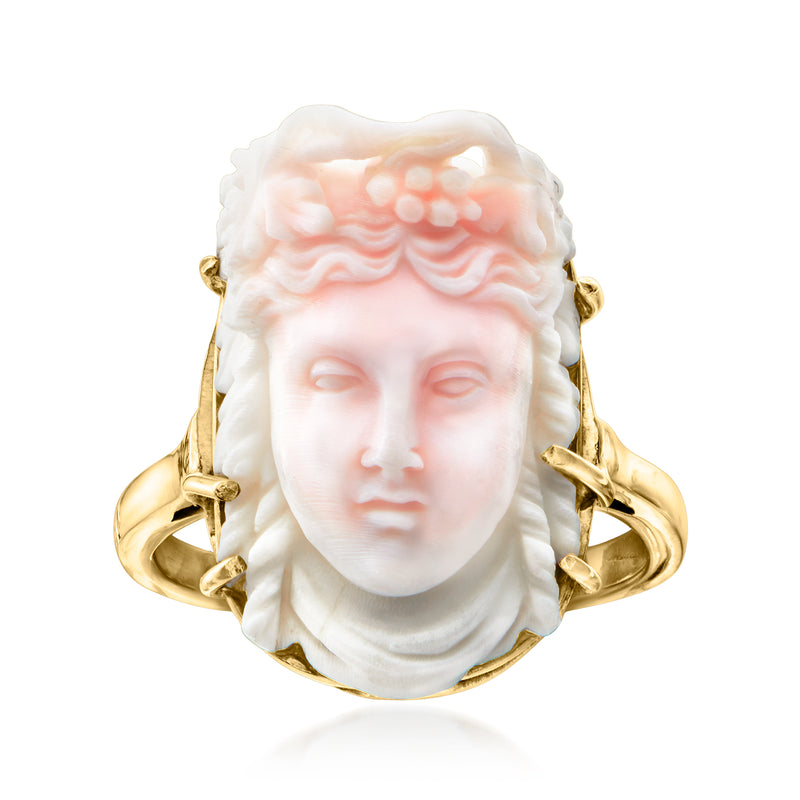 Carved pink coral woman cameo ring with face relief on 14kt yellow gold setting