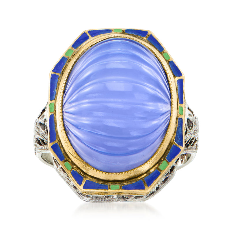 Vintage two-tone gold ring with oval blue chalcedony, blue enamel, and green accents
