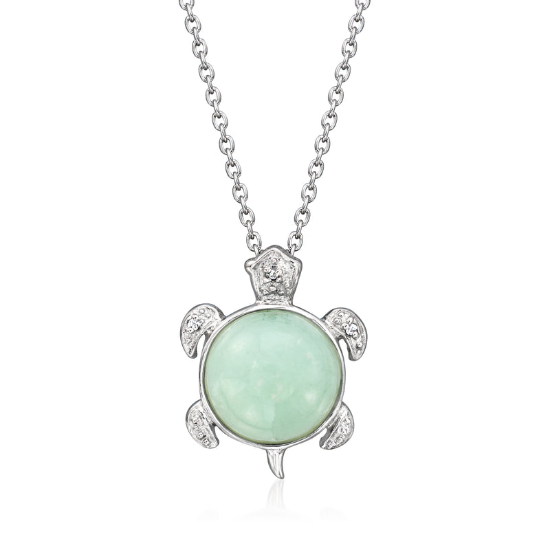 Sterling silver turtle pendant necklace with jade green gemstone and diamond accents