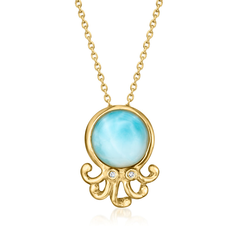 Gold octopus pendant necklace with round turquoise larimar cabochon and diamond accents