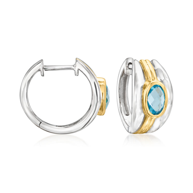 Sterling silver hoop earrings with oval Swiss blue topaz and 18kt gold accents