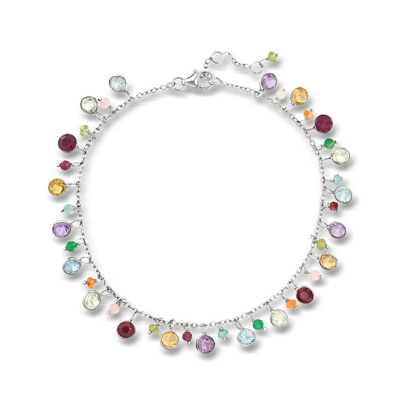 Sterling silver multi-gemstone drop anklet with multicolor teardrop charms