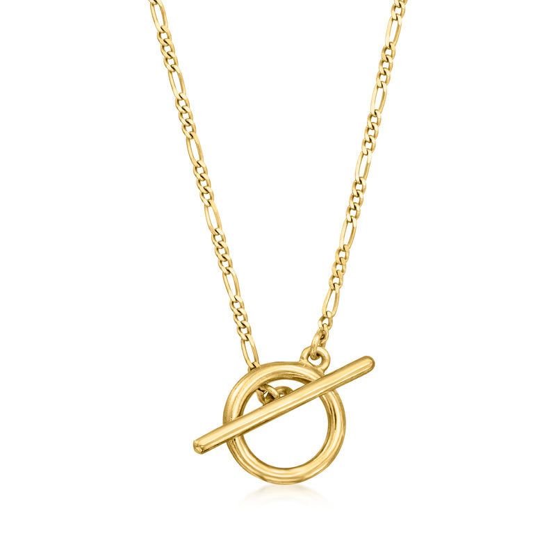 Gold toggle necklace with circular clasp and straight bar detail