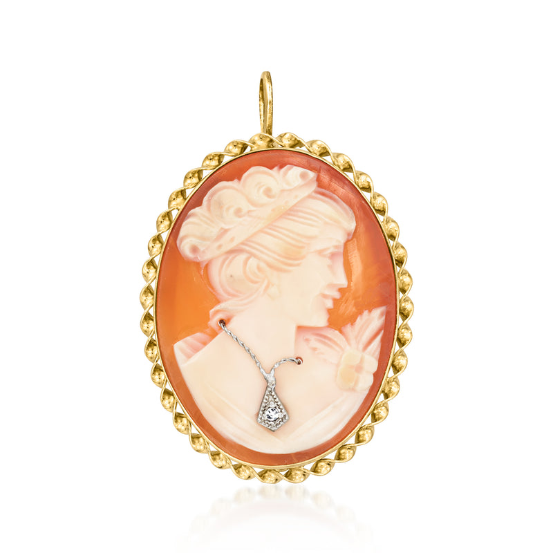 Oval shell cameo pendant in 14kt yellow gold with diamond-accent bail, oval orange face