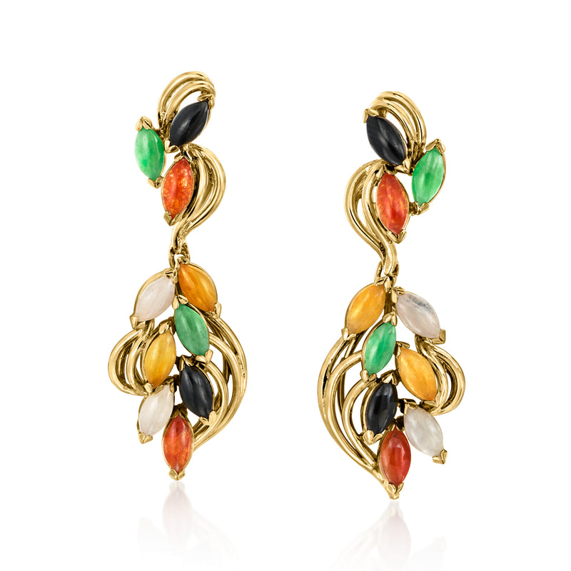 14kt yellow gold vintage jade drop clip earrings with multicolor stone clusters